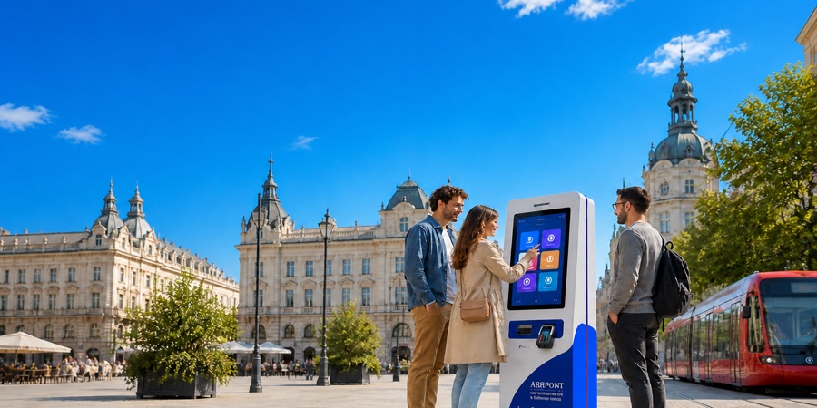 Občania pri samoobslužnom kiosku Arbipoint